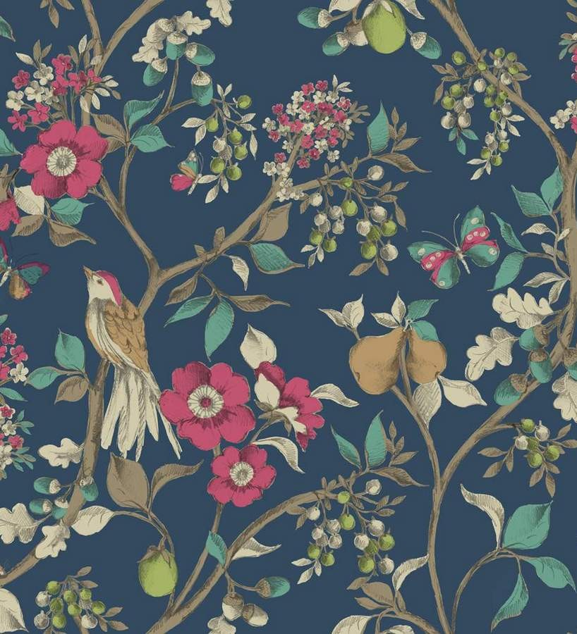 Papel pintado naturaleza de pájaros y flores fondo azul oscuro pálido  Rebecca 564424