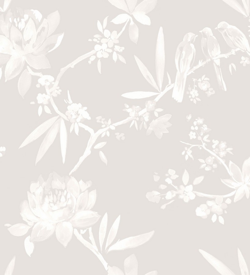 Papel pintado flores vintage artísticas blanco fondo gris claro  Nimai 564482