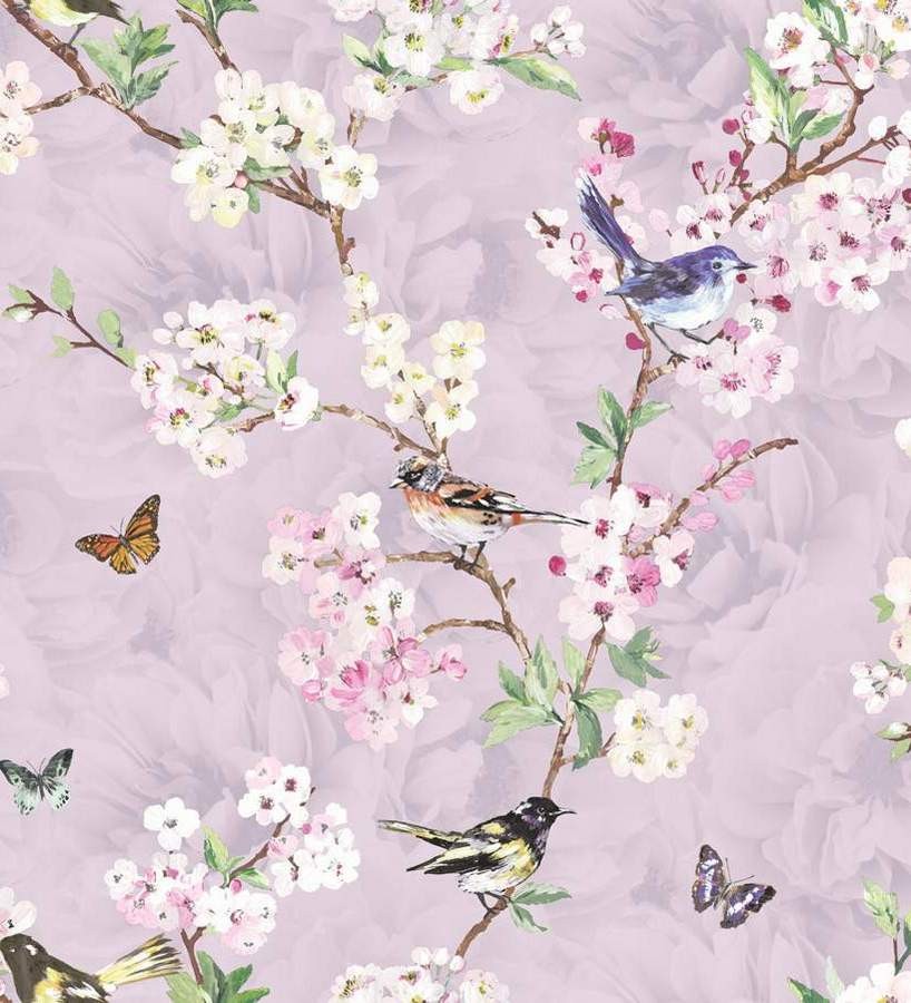 Papel pintado pájaros y flores románticas fondo lila claro  Vega 564499