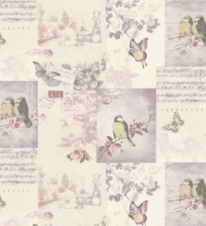 Papel pintado collage inglés de pájaros y mariposas malva Giselle 564608