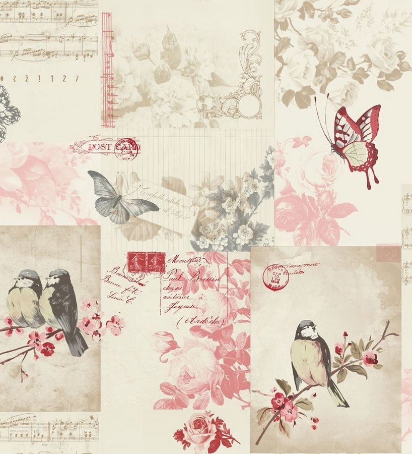 Papel pintado collage inglés de pájaros y mariposas rosa claro Giselle 564610