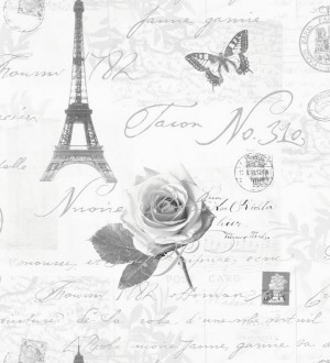 Papel pintado collage francés con letras y sellos blanco y negro París Vintage 564614