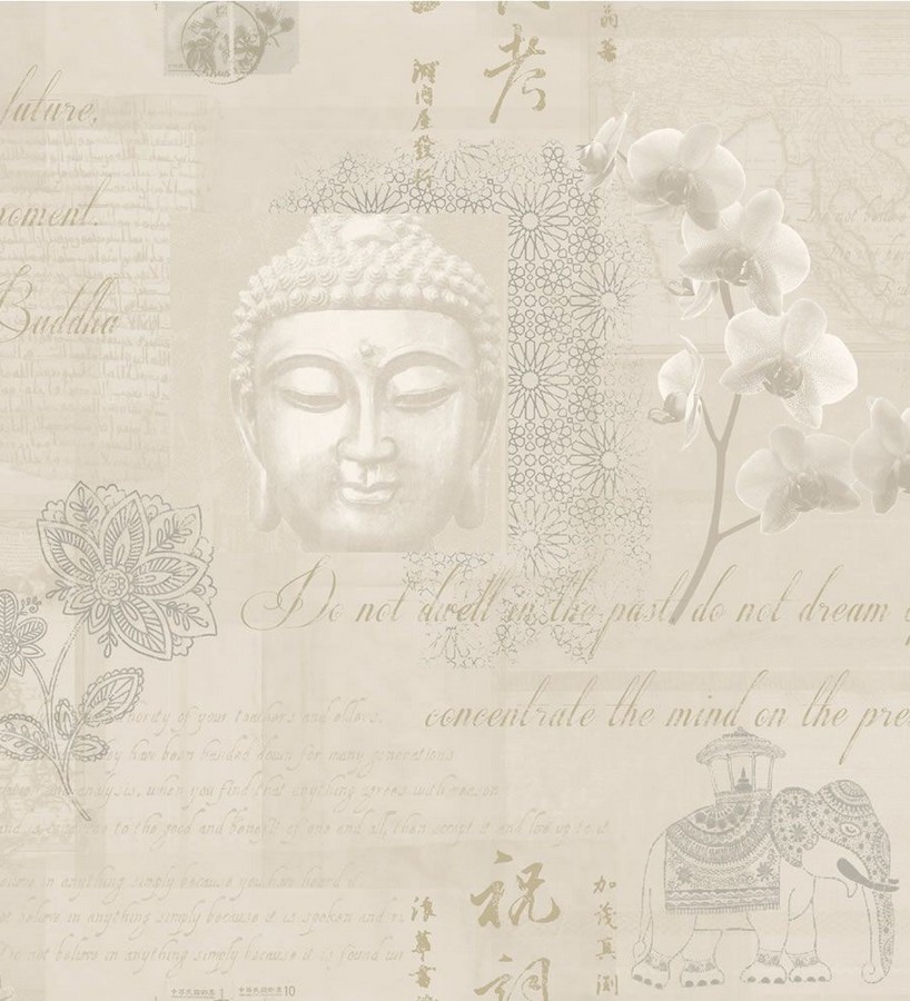 Papel pintado collage de Buda y flores de loto fondo beige pálido Darma 564632