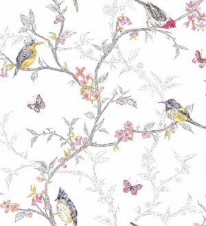 Papel pintado pájaros en ramas de árbol fondo blanco Birdie 564683