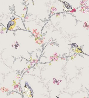 Papel pintado pájaros en ramas de árbol fondo gris claro Birdie 564684