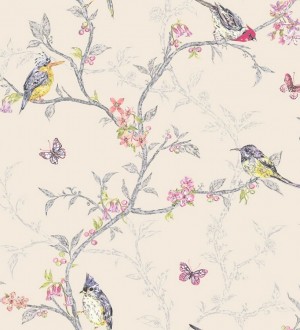 Papel pintado pájaros en ramas de árbol fondo marfil oscuro Birdie 564685