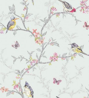 Papel pintado pájaros en ramas de árbol fondo verde agua pálido Birdie 564686