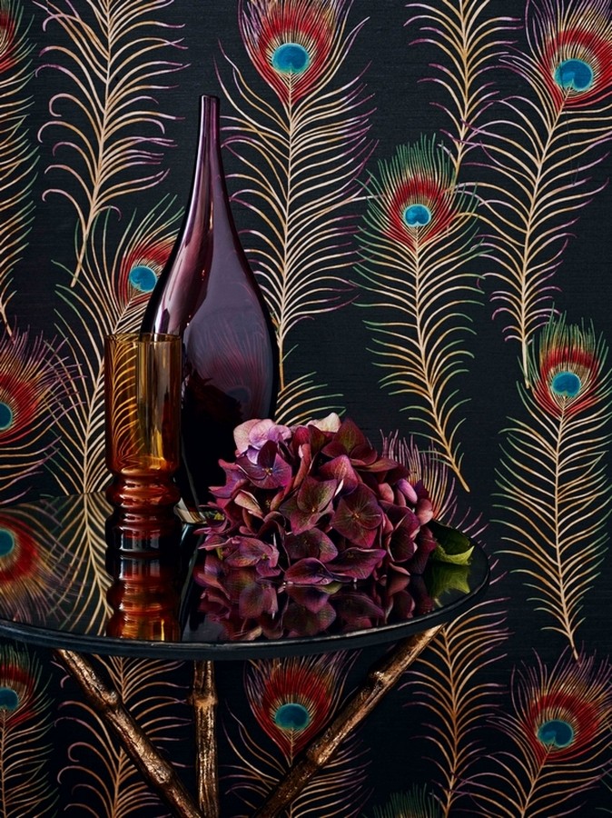 Papel pintado plumas de pavo real románticas vintage Fiorella 564996