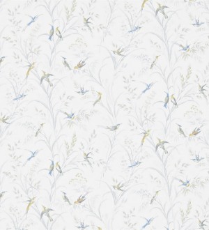 Papel pintado pájaros en hojas de juncos fondo blanco Florestine 565175