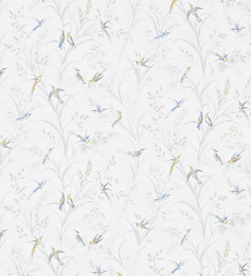 Papel pintado pájaros en hojas de juncos fondo blanco Florestine 565175