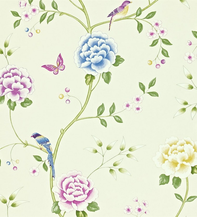 Papel pintado flores con pájaros y mariposas románticas Jacqueline 565375