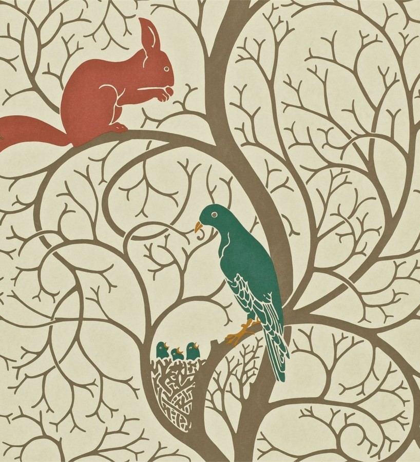 Papel pintado ardillas y pájaros en árbol estilo inglés Nordic Birds 565455