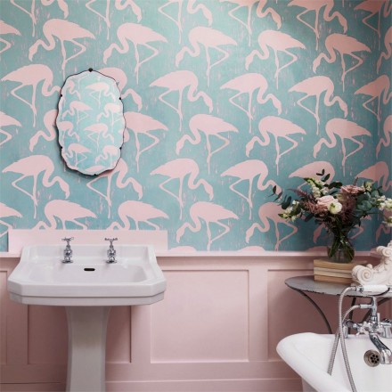 Papel pintado flamencos vintage fondo agua marina grisáceo Flamant 565467