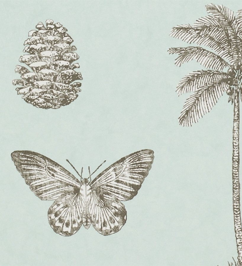 Papel pintado palmeras y piñas con mariposas vintage Arvalis 565526