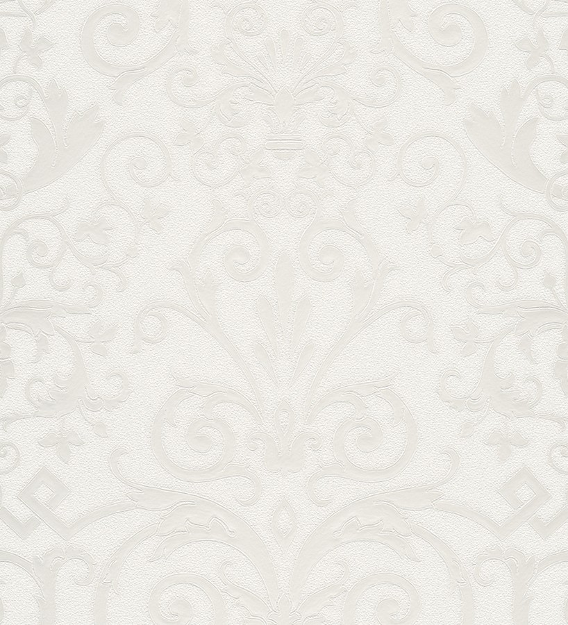 Papel pintado damasco barroco metalizado y blanco Saltanis 453397