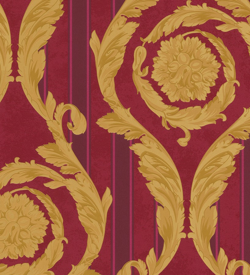 Papel pintado barroco corintio dorado con rayas rojas Royal Palace 453417