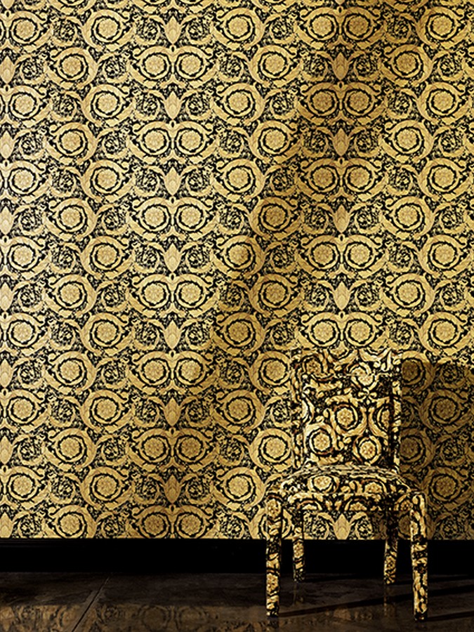 Papel pintado barroco italiano dorado fondo negro de lujo Orsini 453431