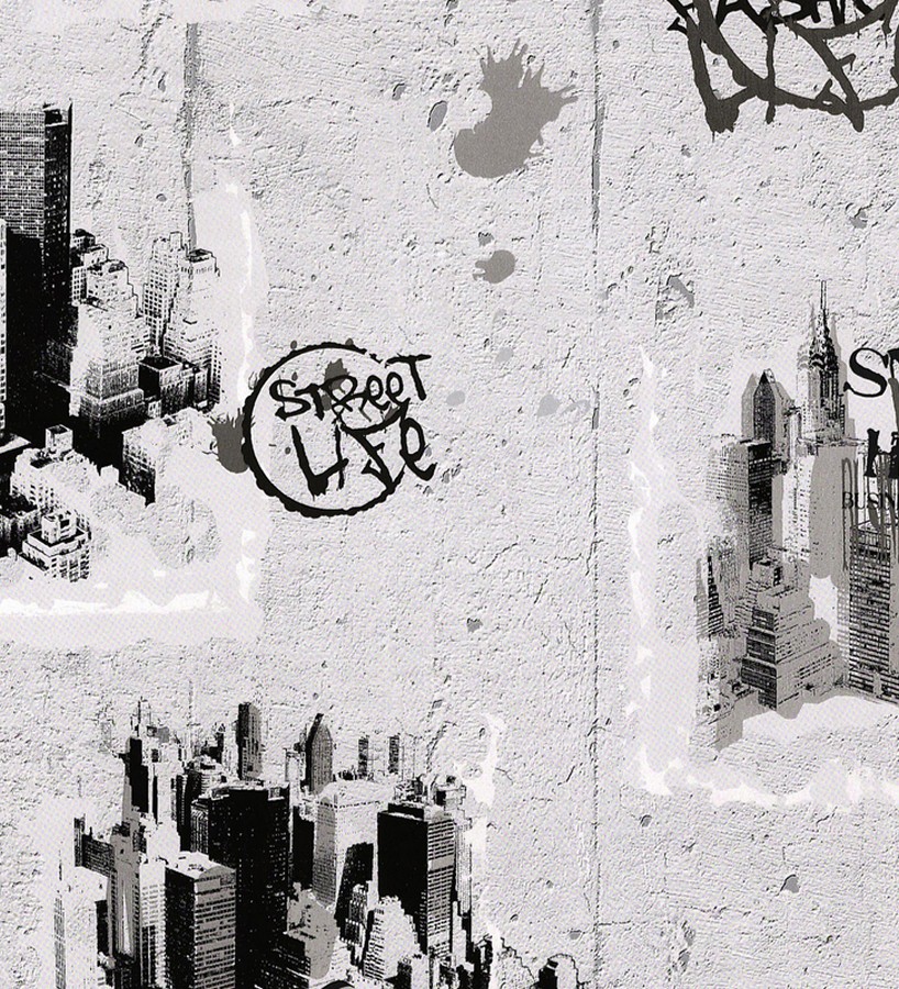 Papel pintado urbano ciudades y graffiti negro fondo blanco roto  Jayz 453839