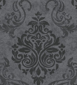 Papel pintado damasco moderno grande negro fondo gris oscuro Glamis 454286
