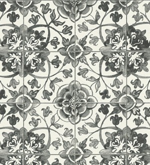 Papel pintado azulejos tradicionales negro fondo blanco Berkan 454984