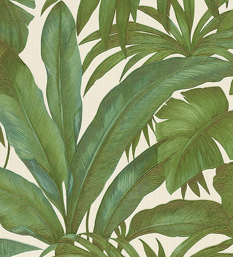 Papel pintado palmeras tropicales verdes fondo blanco Vanila 455872