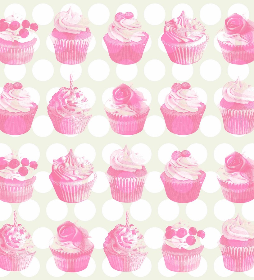Papel pintado cupcakes tonos rosas con fondo de lunares Cupcakes 7349