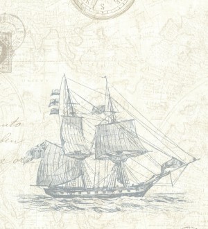 Papel pintado barcos con mapas cartográficos fondo beige claro Narváez 7406