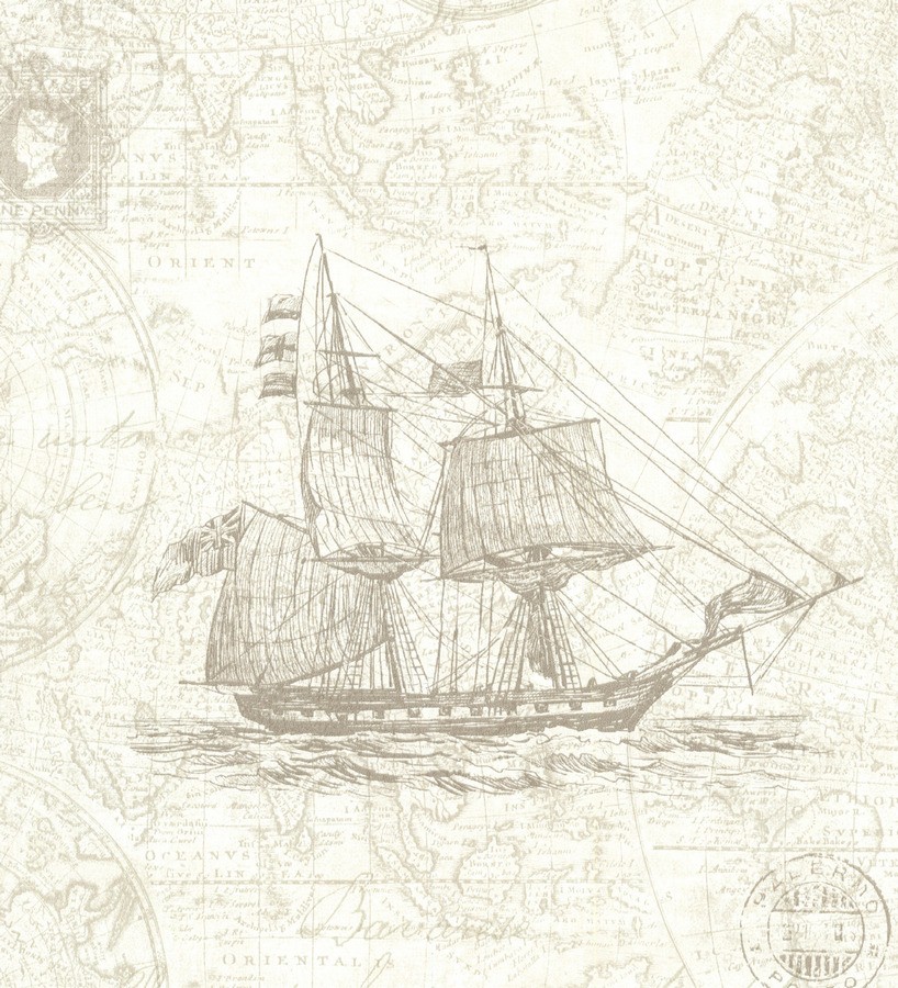 Papel pintado barcos con mapas cartográficos fondo beige claro Narváez 7408