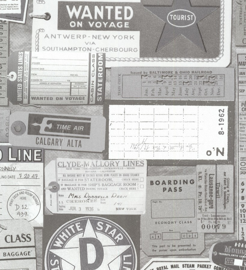 Papel pintado vintage tickets de viajes blanco y negro Oneil 7423
