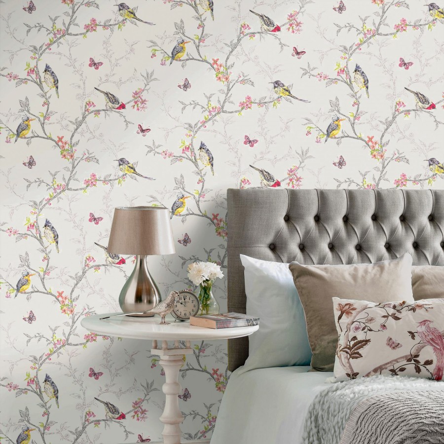 PAPEL PINTADO PÁJAROS Y FLORES GRIS - Decoración Habitación Infantil