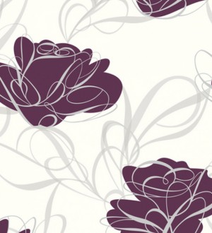 Papel pintado con flores y trazos modernos morado arcilla fondo blanco Anaís 421500