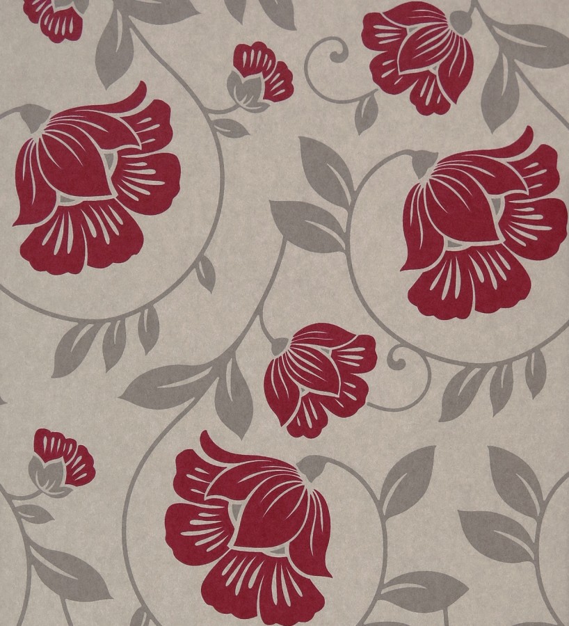 Papel pintado con flores modernas de dalia rojo frambuesa fondo beige Janelle 421512