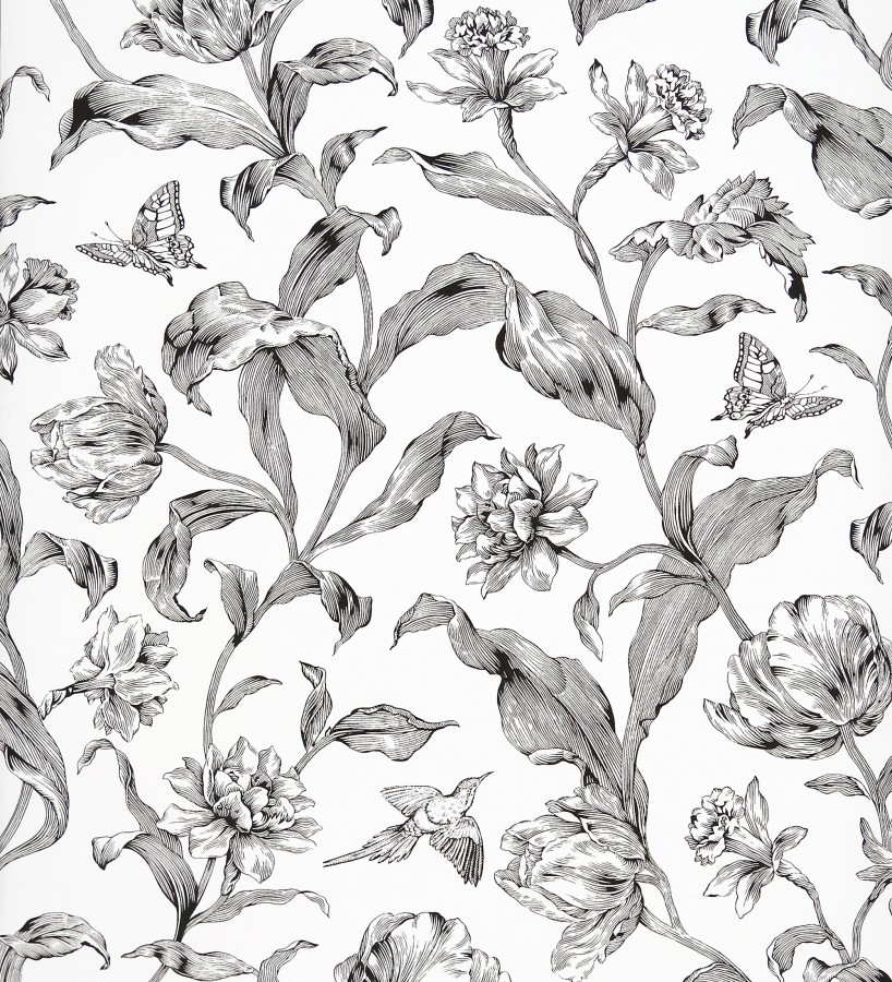 Papel pintado flores y mariposas trazadas a plumilla negro fondo blanco  Dalma 421520