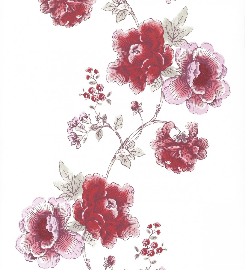 Papel pintado dibujo artístico de flores grandes rojo intenso fondo blanco Lucena 421531