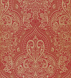 Papel pintado damasco hindú con reminiscencias árabes ocre claro fondo rojo oscuro Zarban 421532