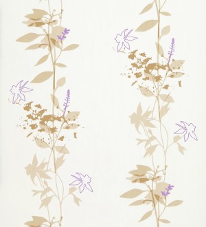 Papel pintado con hojas dibujando líneas verticales lila fondo blanco Cirenia 421536