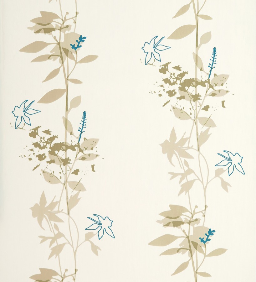 Papel pintado con hojas dibujando líneas verticales verde turquesa fondo blanco  Cirenia 421537