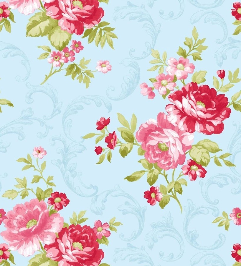 Papel pintado inglés con flores grandes románticas rosa oscuro fondo celeste aguamarina  Lolita 421558