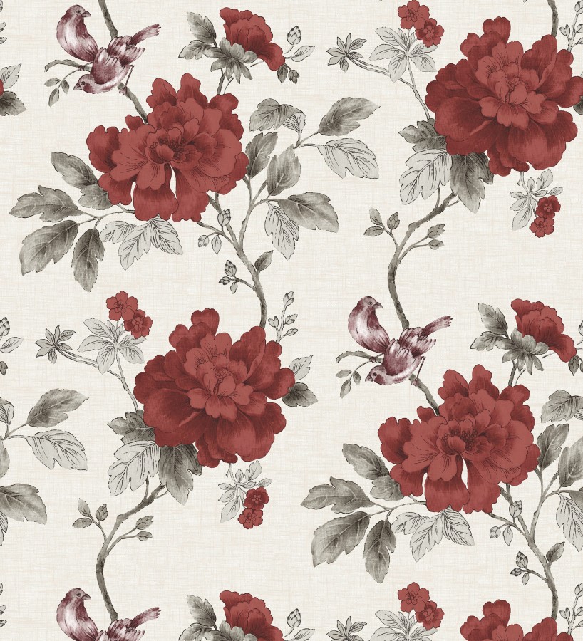 Papel pintado de pájaros y flores clásicas rojo teja fondo gris claro Floralie 421589