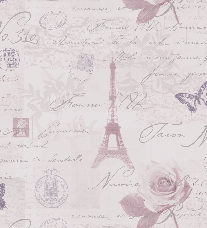 Papel pintado vintage con cartas y mariposas en París marrón arcilla claro fondo malva claro  París Vintage 421595
