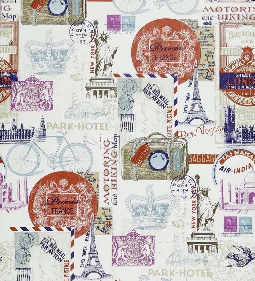 Papel pintado recuerdos de monumentos y ciudades rojo teja fondo beige claro  Bon Voyage 421600