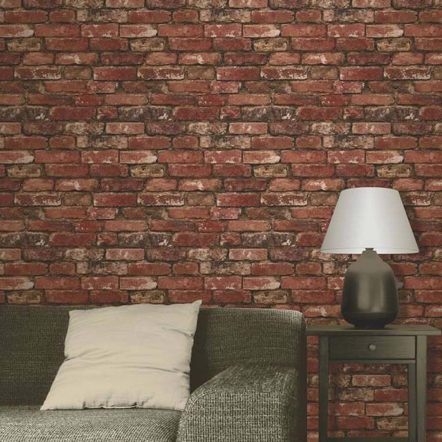 Papel pintado muro de ladrillos rústico rojo teja - Overton 421571