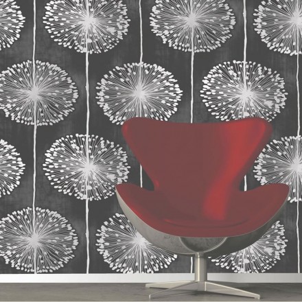Papel pintado nórdico de dientes de león gris fondo negro Dandelion Nordic 421647
