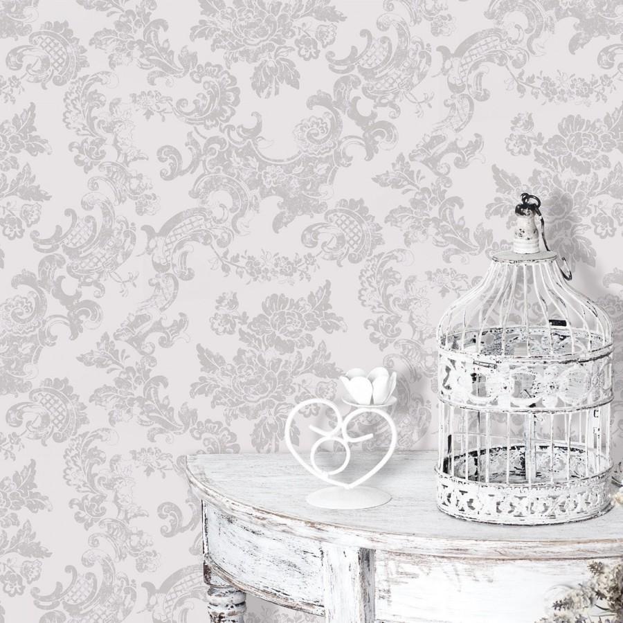 Papel pintado de flores y elementos ornamentales gris claro fondo lila claro  Isadora 421561