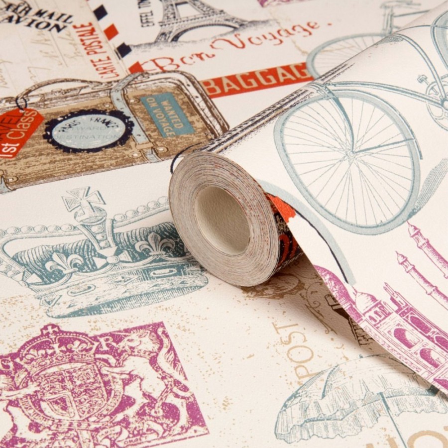 Papel pintado recuerdos de monumentos y ciudades rojo teja fondo beige claro  Bon Voyage 421600