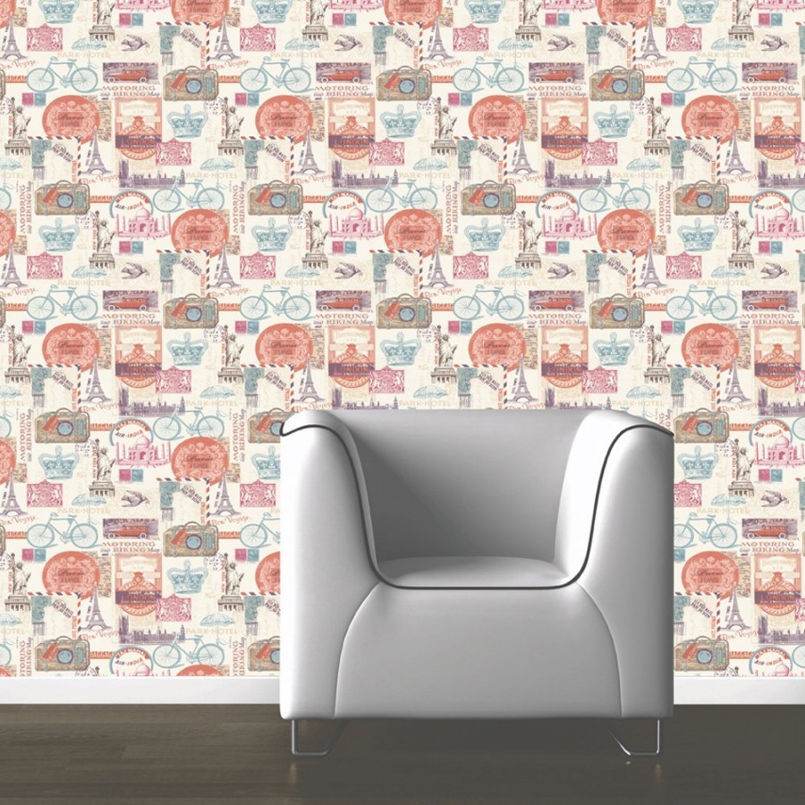 Papel pintado recuerdos de monumentos y ciudades rojo teja fondo beige claro  Bon Voyage 421600