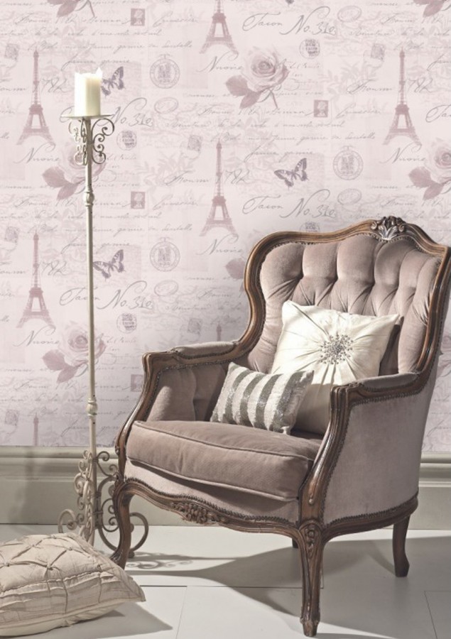 Papel pintado vintage con cartas y mariposas en París marrón arcilla claro fondo malva claro  París Vintage 421595