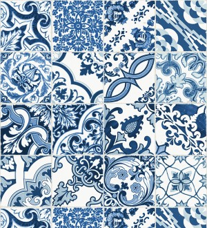 Papel pintado mosaico de azulejos árabes estilo marroquí azul y blanco Casablanca Secret 676993