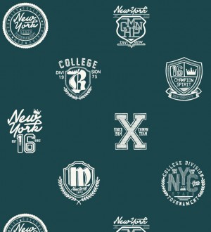 Papel pintado con emblemas universitarios fondo verde oscuro Champion Spirit 677073