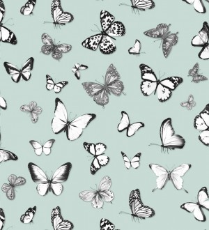 Papel pintado mariposas blancas y negras con fondo verde claro Natural Dance 677278